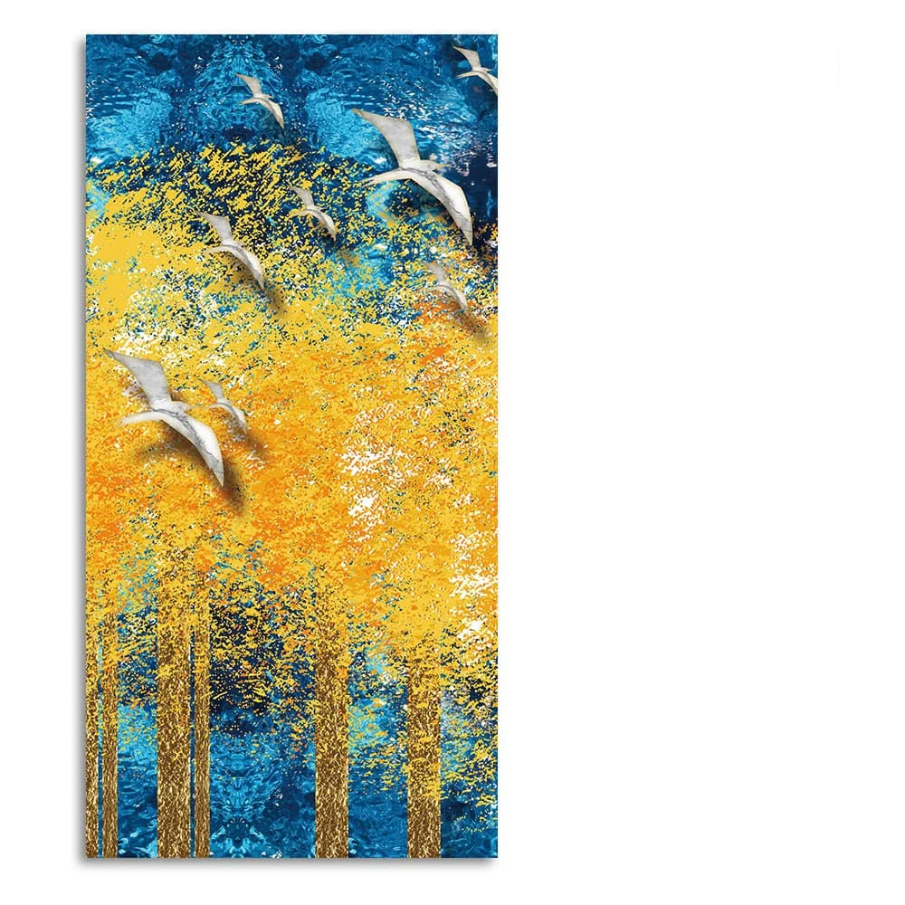 Birds Flying Over Golden Trees Forest Premium Canvas Wall Painting - Image 4