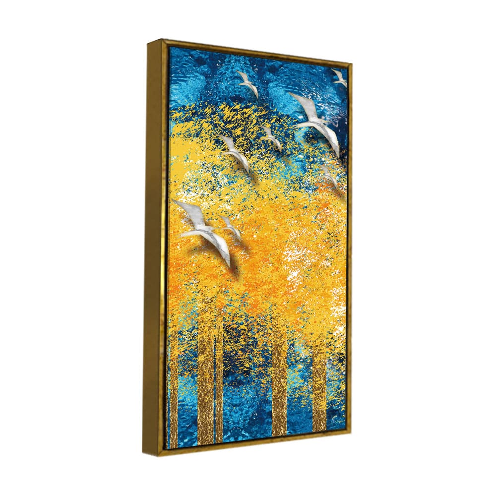 Birds Flying Over Golden Trees Forest Premium Canvas Wall Painting - Image 5