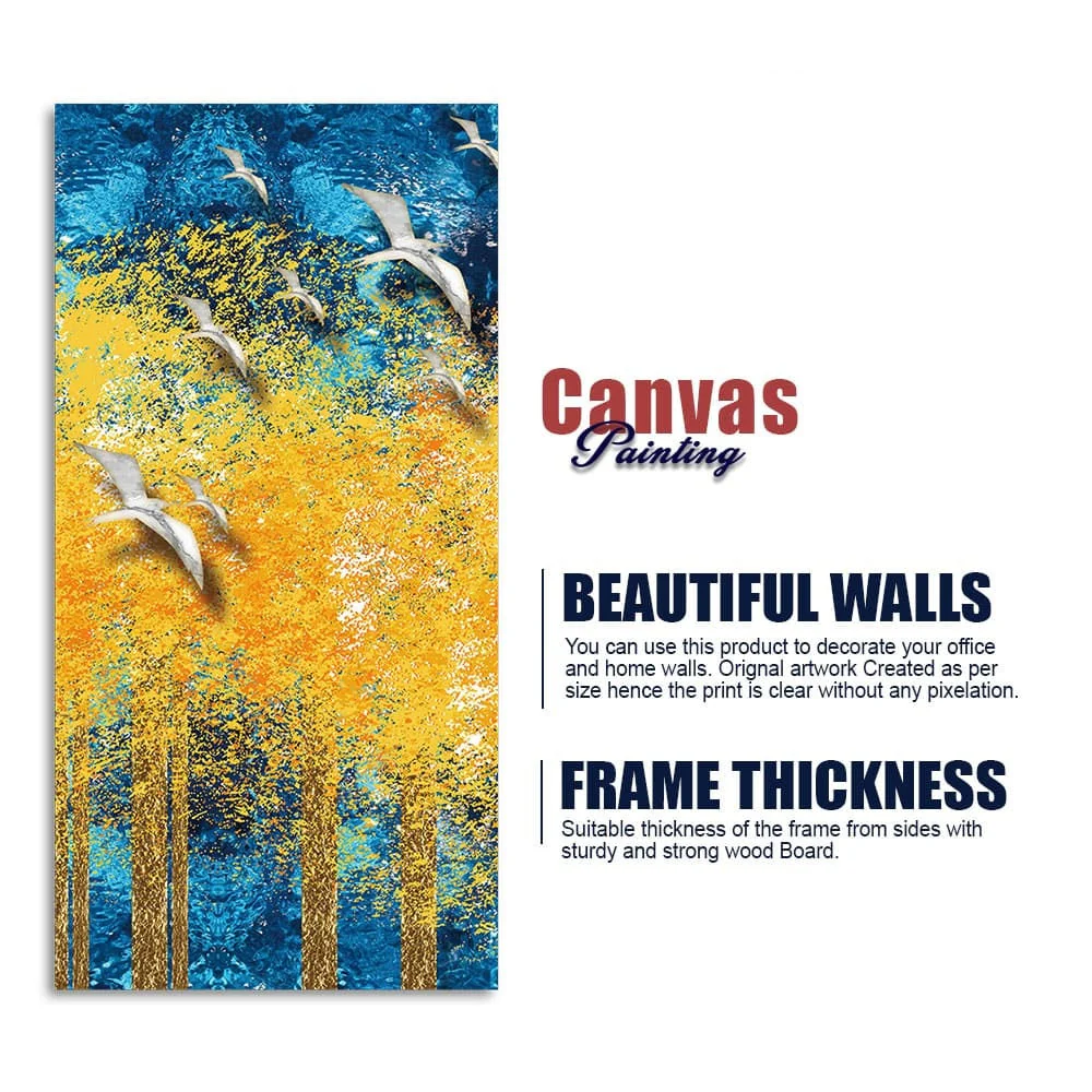 Birds Flying Over Golden Trees Forest Premium Canvas Wall Painting - Image 6