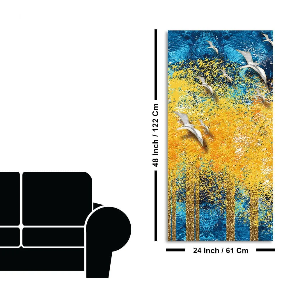 Birds Flying Over Golden Trees Forest Premium Canvas Wall Painting - Image 7