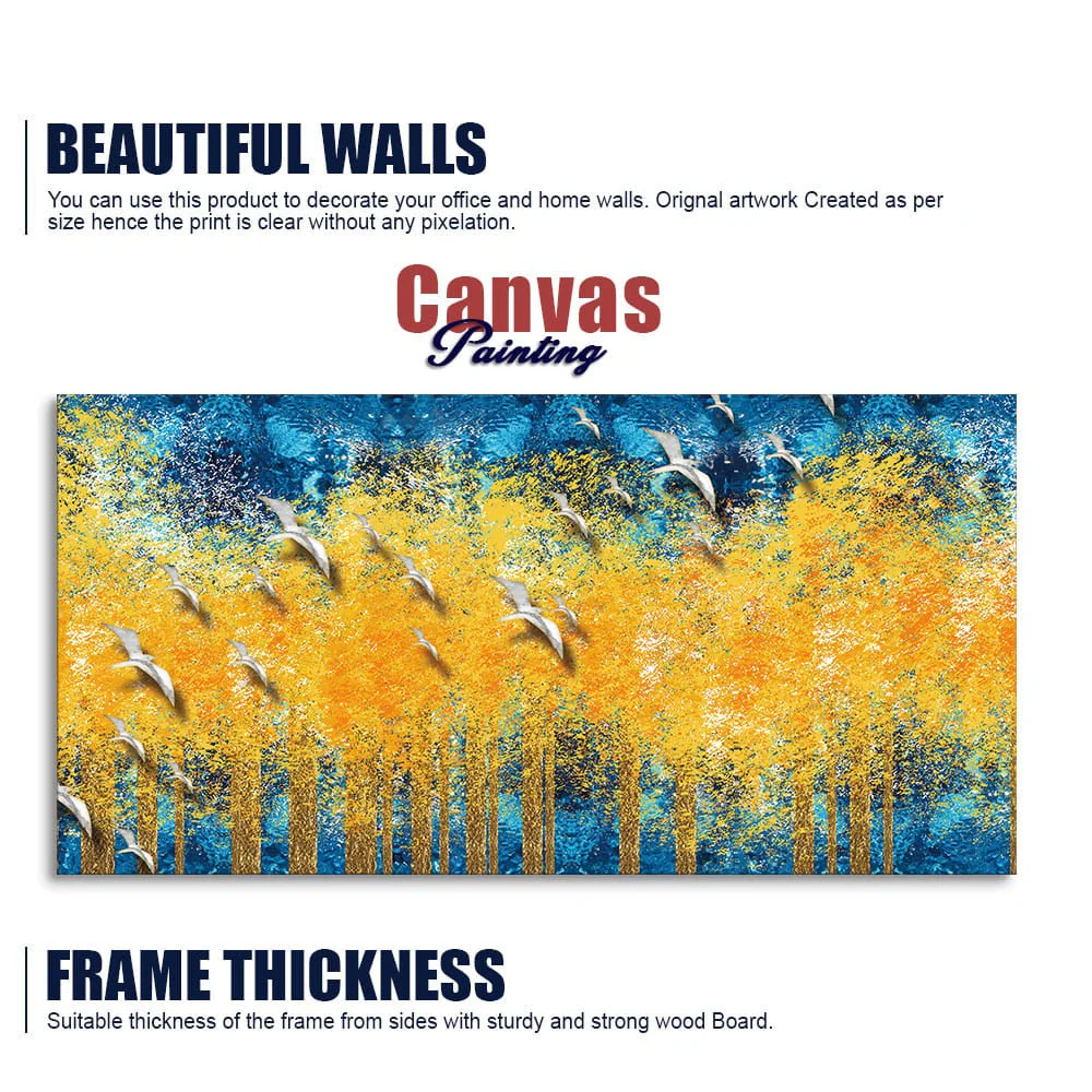 Birds Flying Over Golden Trees Forest Wall Painting - Image 6
