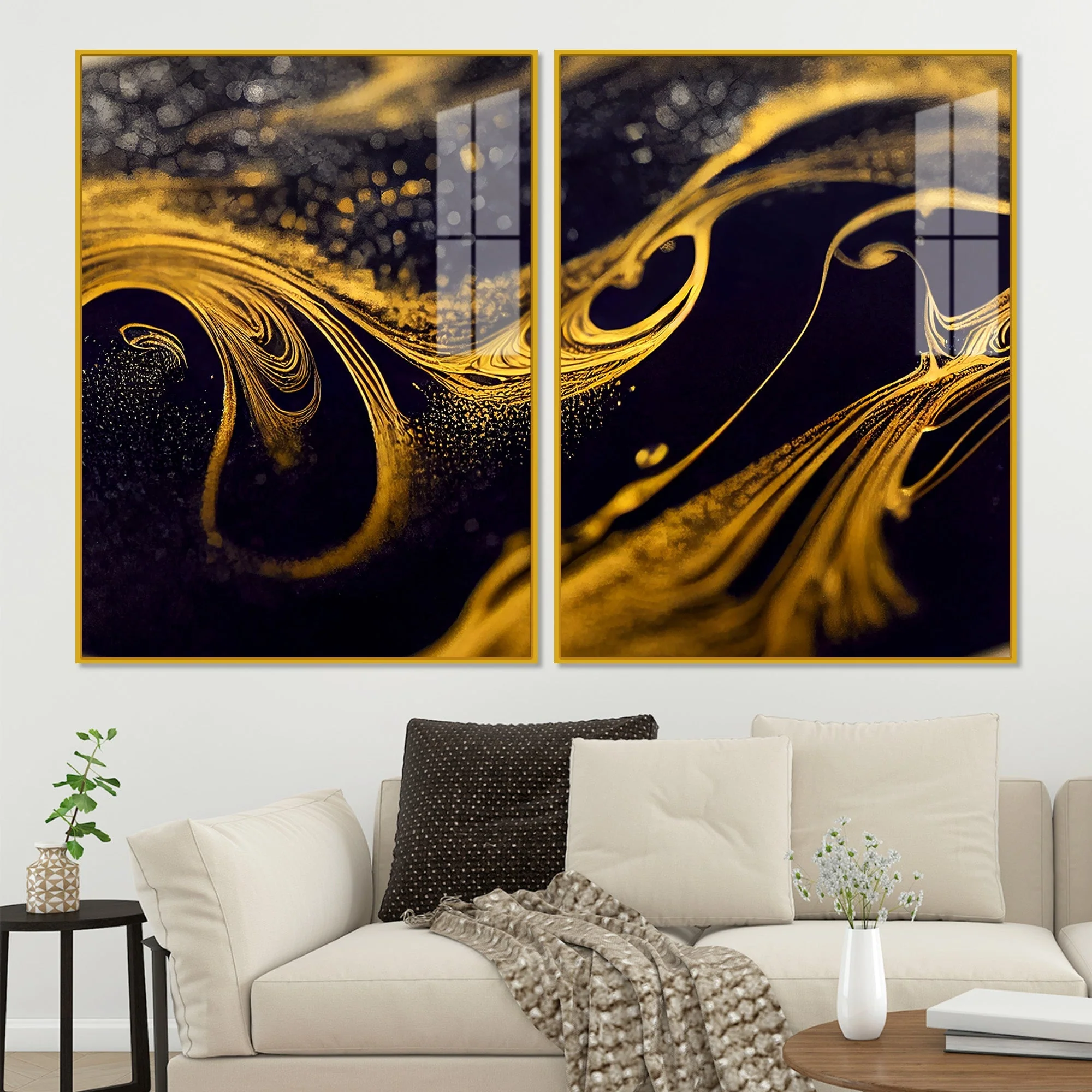 Black and Gold Swirling Acrylic Floating Wall Painting Set of 2 - Image 2