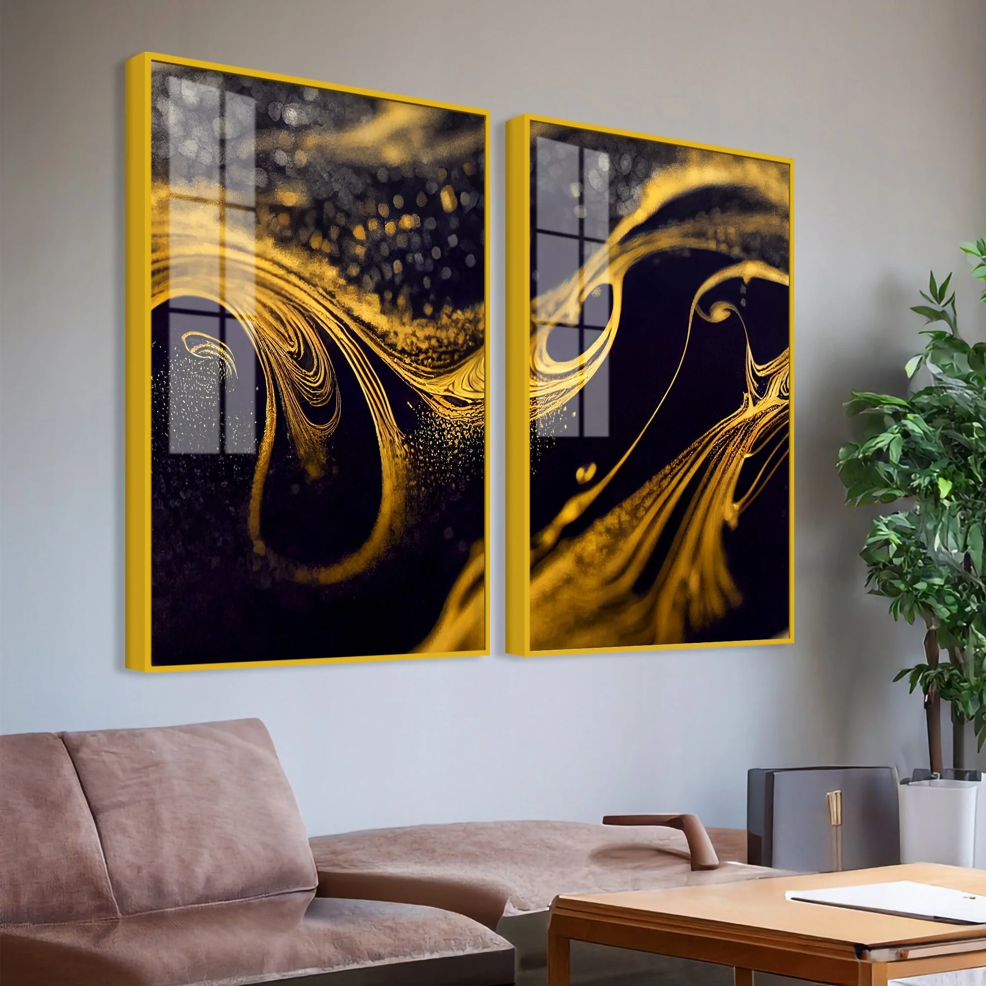 Black and Gold Swirling Acrylic Floating Wall Painting Set of 2 - Image 3