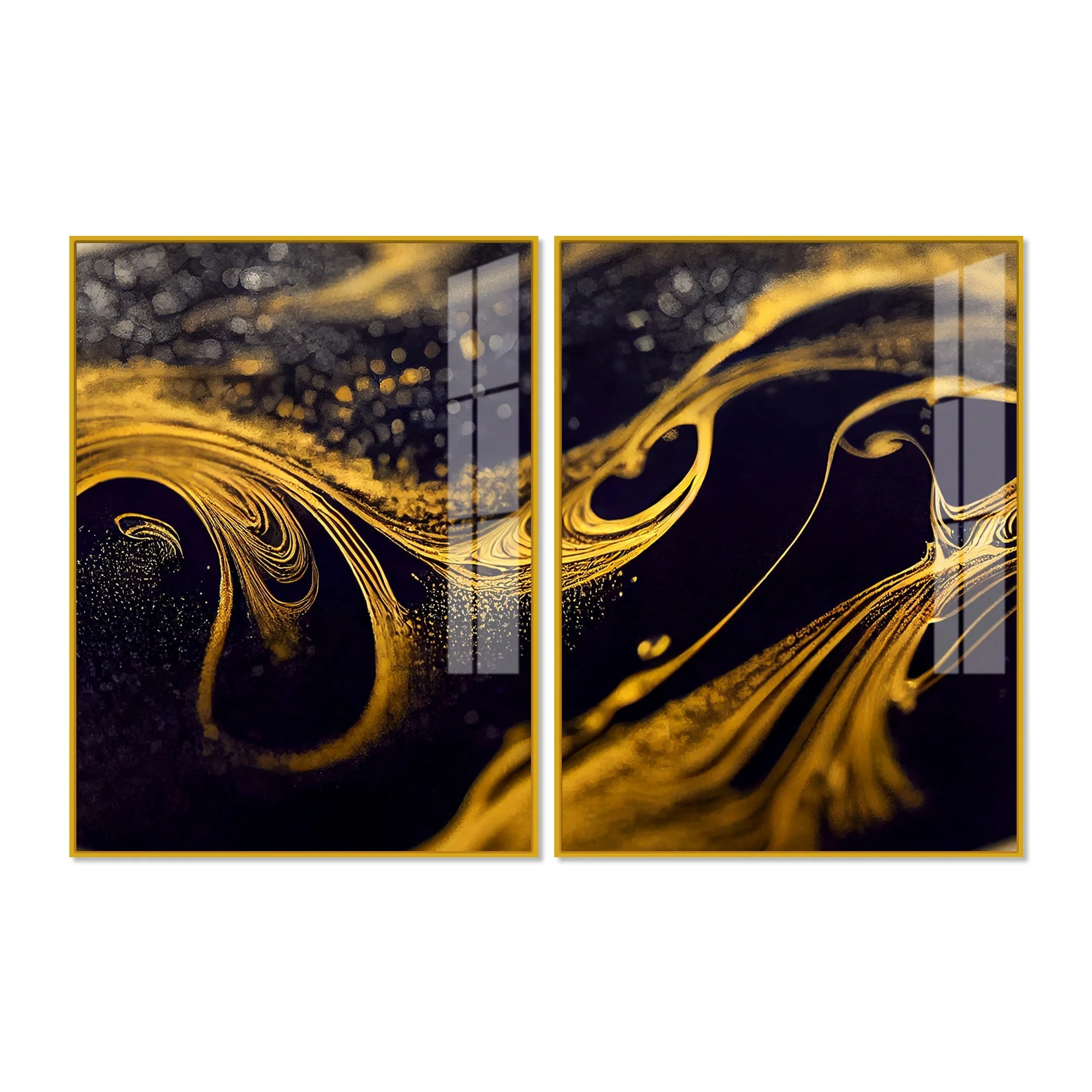 Black and Gold Swirling Acrylic Floating Wall Painting Set of 2 - Image 5