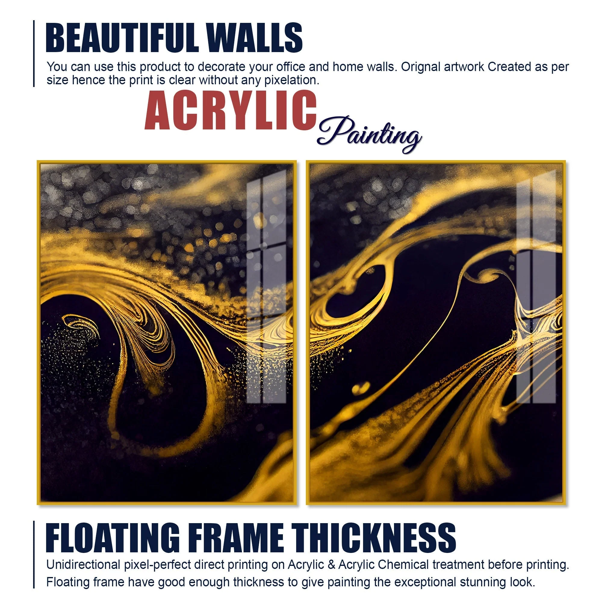 Black and Gold Swirling Acrylic Floating Wall Painting Set of 2 - Image 6
