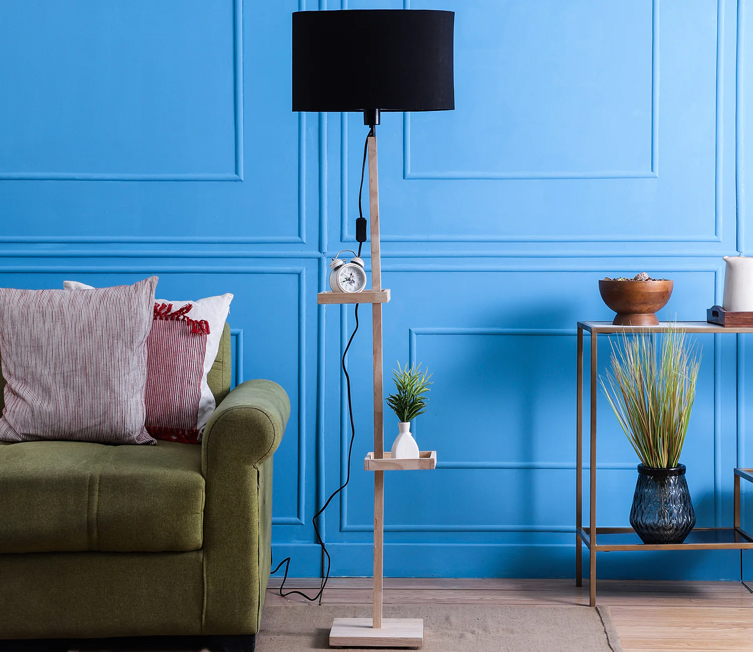 Black Fabric Double Shelf Floor Lamp with Natural Solid Wood Color Base - Image 2