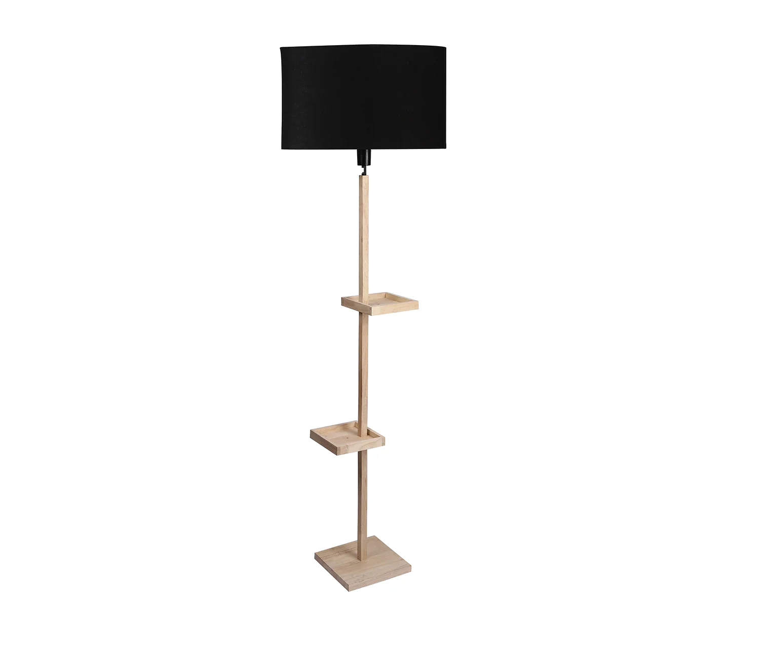 Black Fabric Double Shelf Floor Lamp with Natural Solid Wood Color Base - Image 3