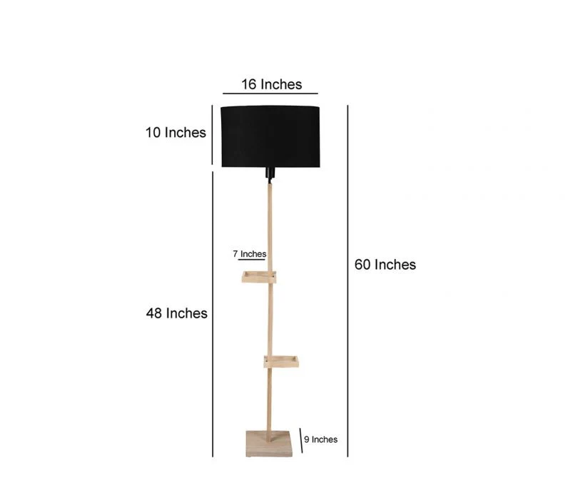 Black Fabric Double Shelf Floor Lamp with Natural Solid Wood Color Base - Image 5
