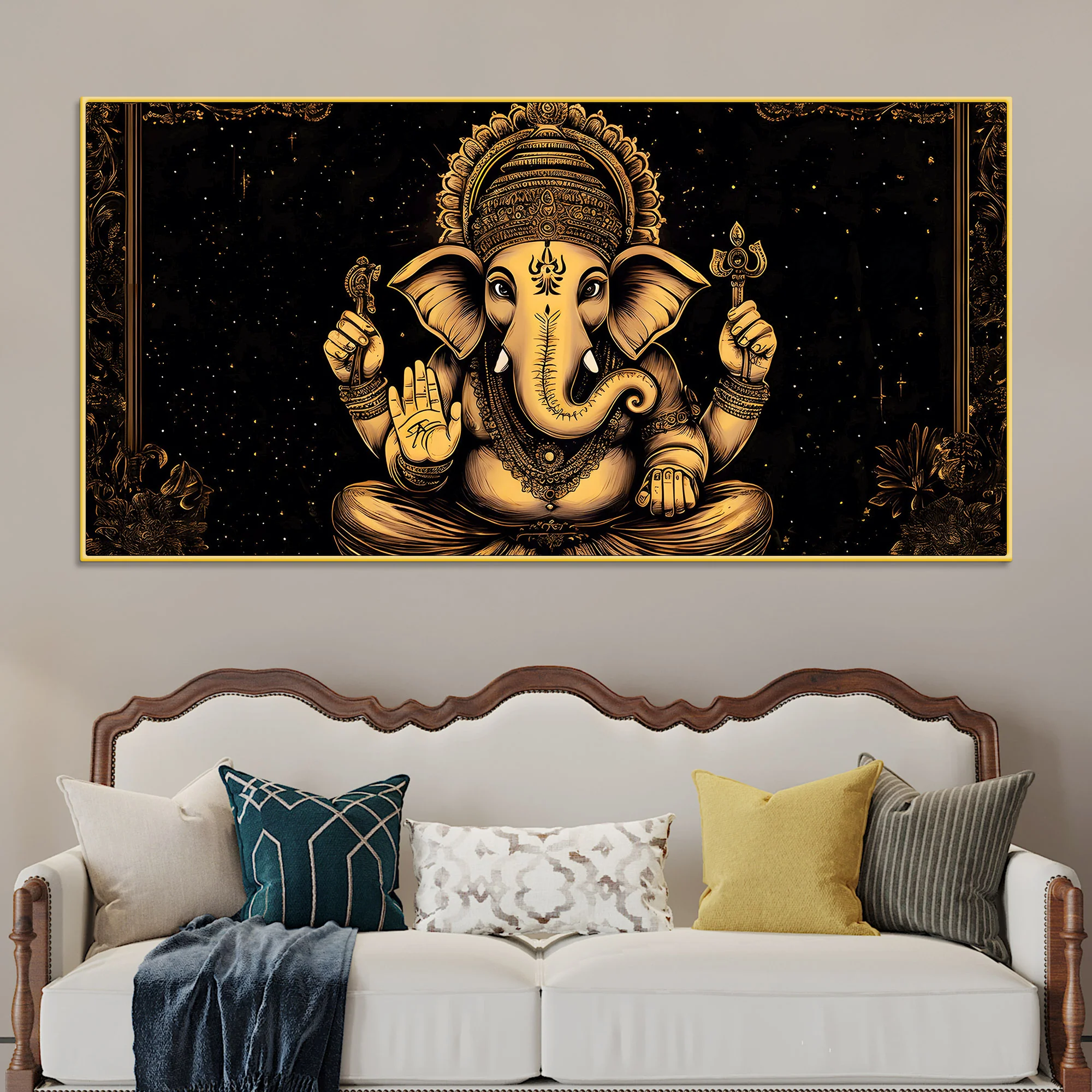 Black & Gold Divine Shri Ganesha Spiritual Canvas Wall Painting for Home & Office – Luxury Spiritual Decor