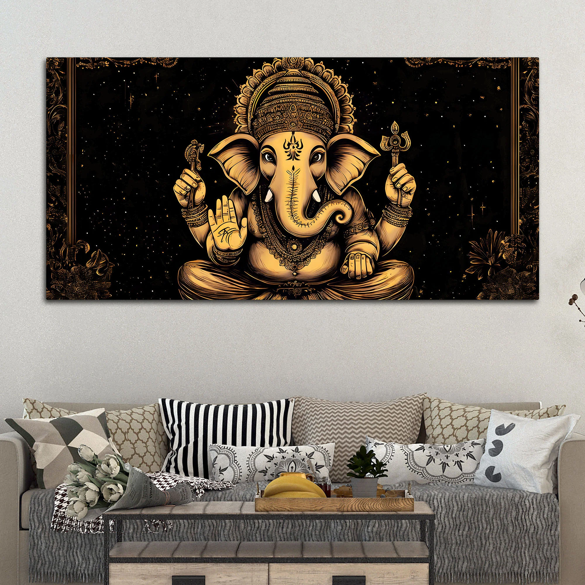 Black & Gold Divine Shri Ganesha Spiritual Canvas Wall Painting for Home & Office – Luxury Spiritual Decor - Image 2