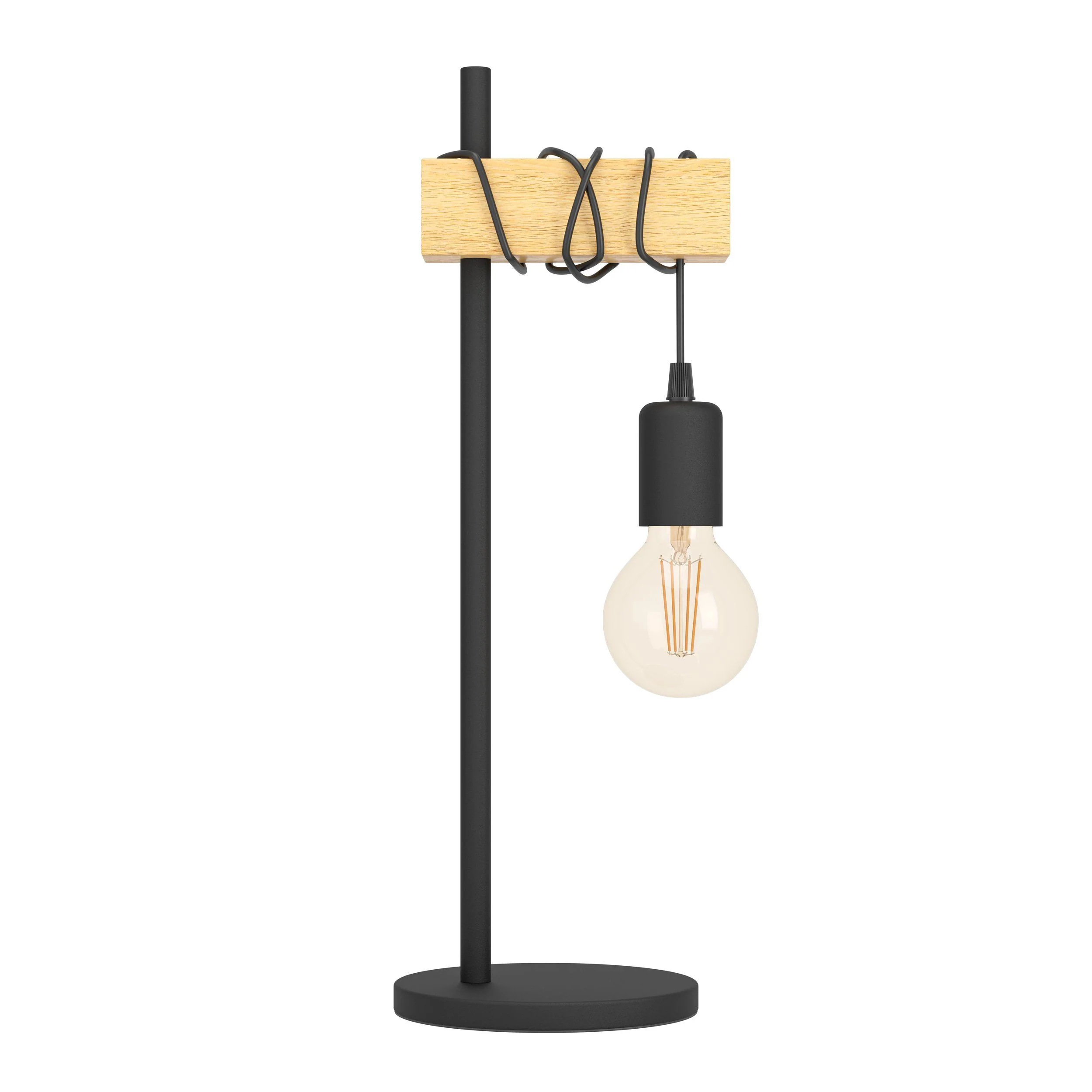 Black Metal & Natural Wooden Table Lamp with Bulb - Image 3