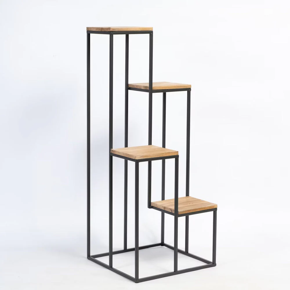 Black Metal Planter Stand with Premium Brown Wooden Shelves- 4 Tier - Image 4