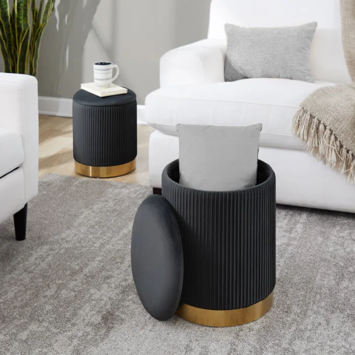 Black Velvet Round Storage Ottoman with Storage Set of 2 - Image 5