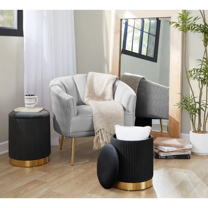 Black Velvet Round Storage Ottoman with Storage Set of 2 - Image 6