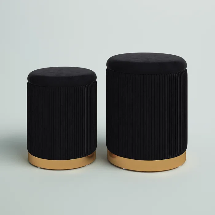 Black Velvet Round Storage Ottoman with Storage Set of 2 - Image 8