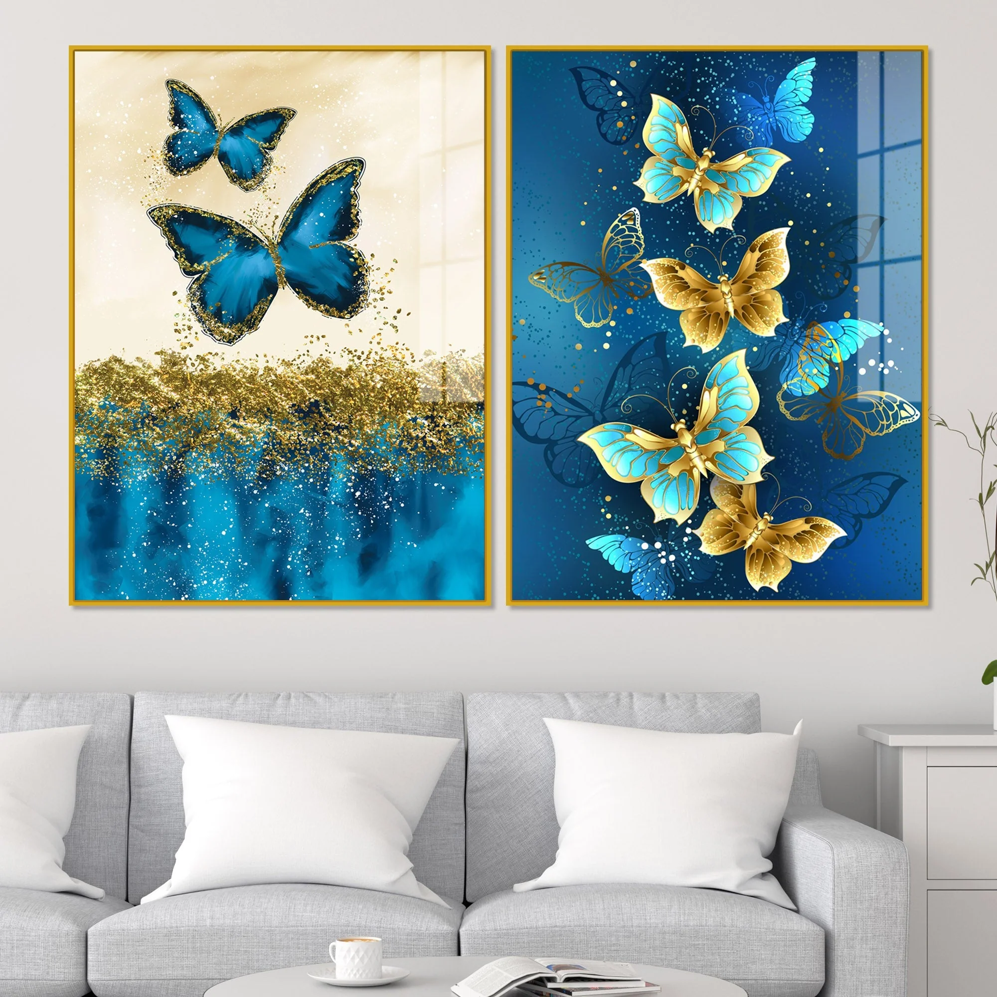 Blue and Golden Butterflies Acrylic Floating Wall Painting Set of 2 - Image 2