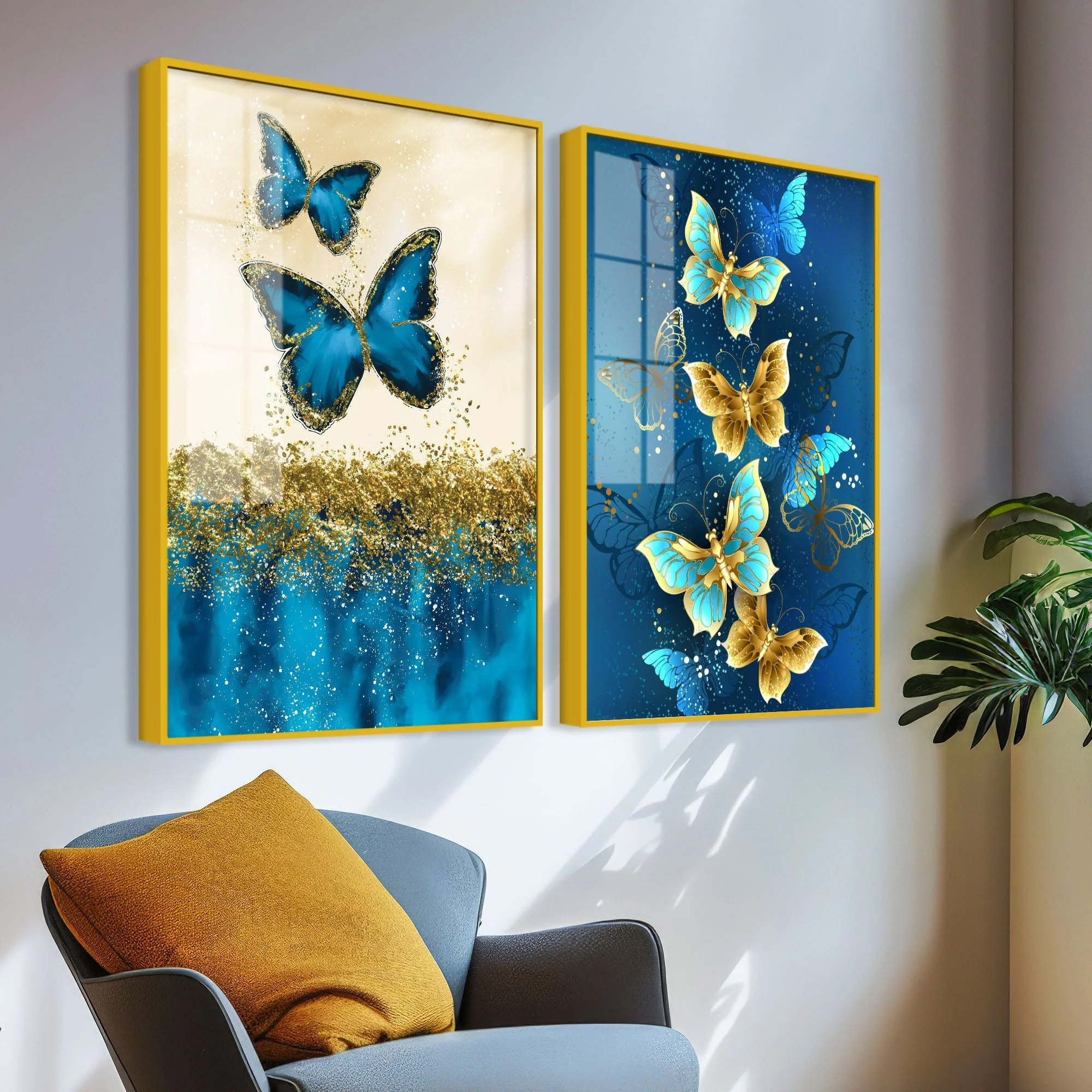 Blue and Golden Butterflies Acrylic Floating Wall Painting Set of 2 - Image 3