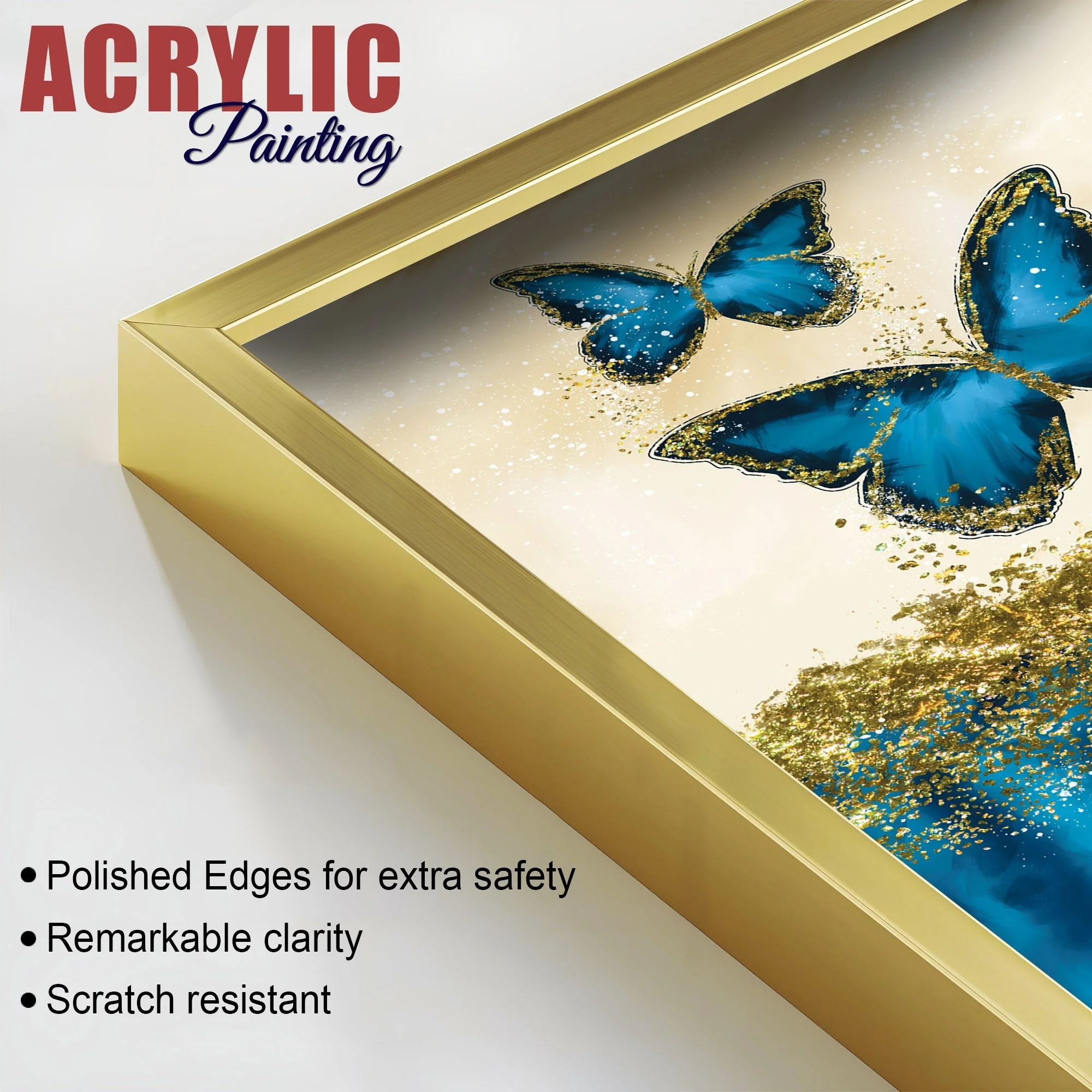 Blue and Golden Butterflies Acrylic Floating Wall Painting Set of 2 - Image 4