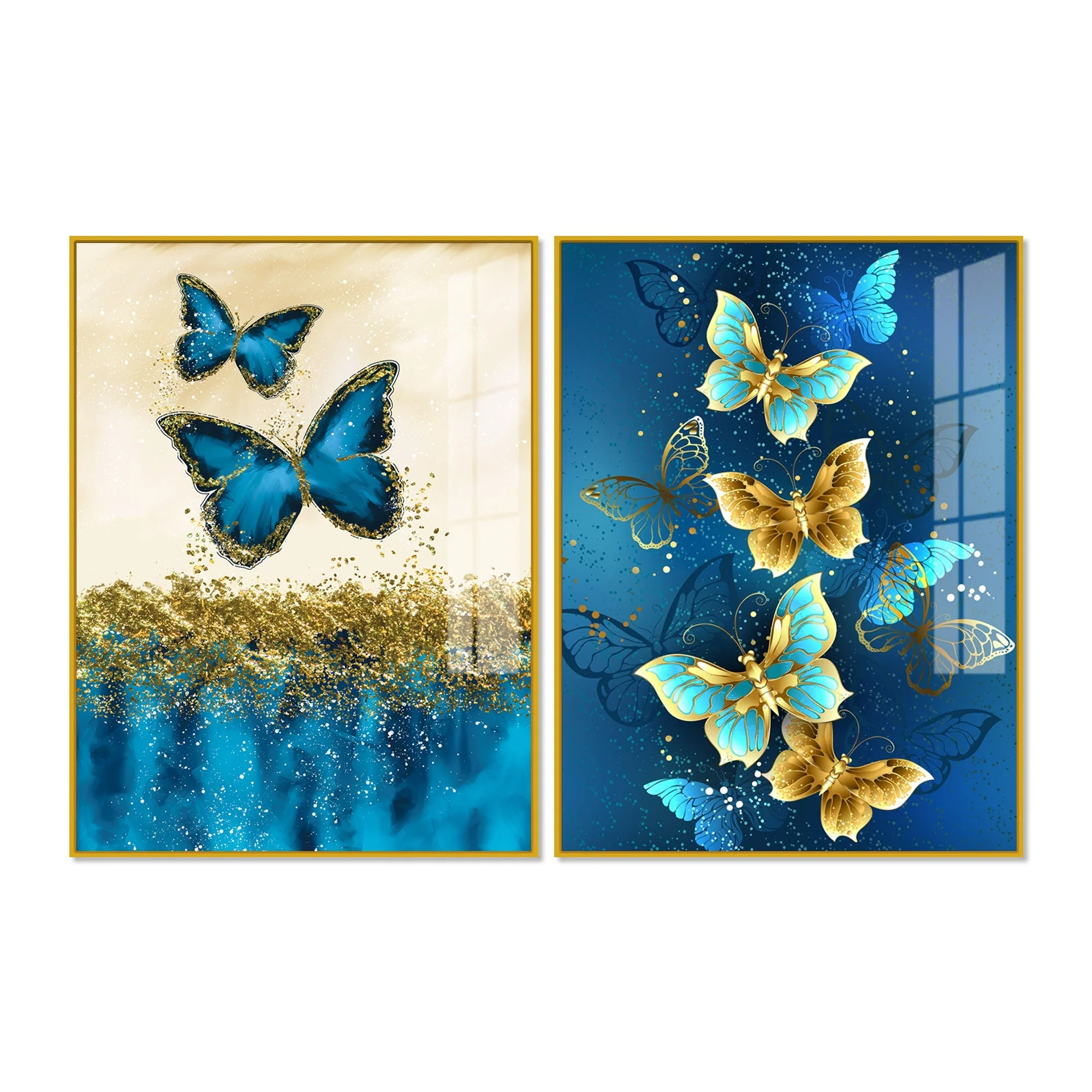 Blue and Golden Butterflies Acrylic Floating Wall Painting Set of 2 - Image 5