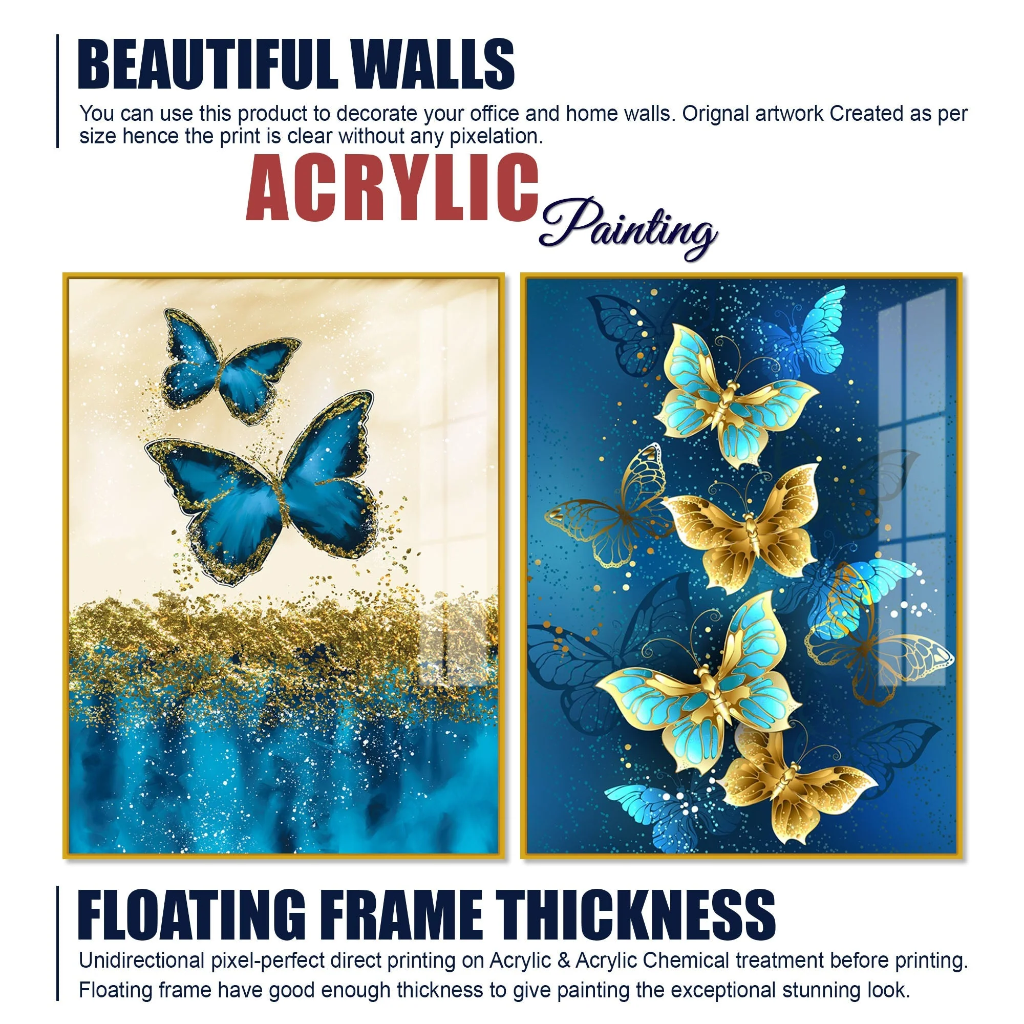 Blue and Golden Butterflies Acrylic Floating Wall Painting Set of 2 - Image 6