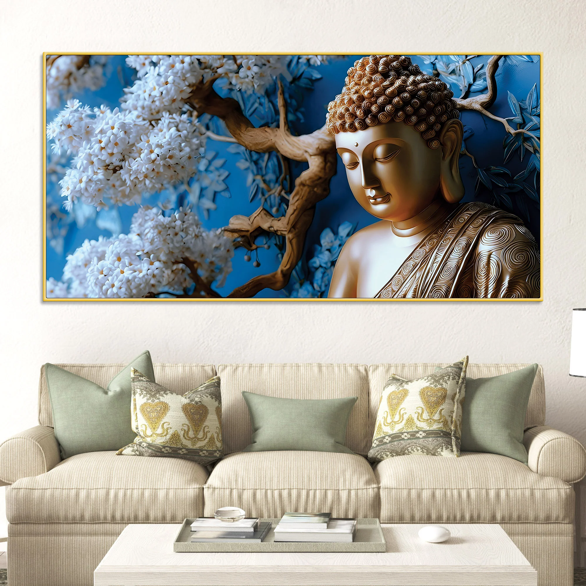 Blue Blossom Buddha Sculpture Style Wall Painting for Home - Image 2