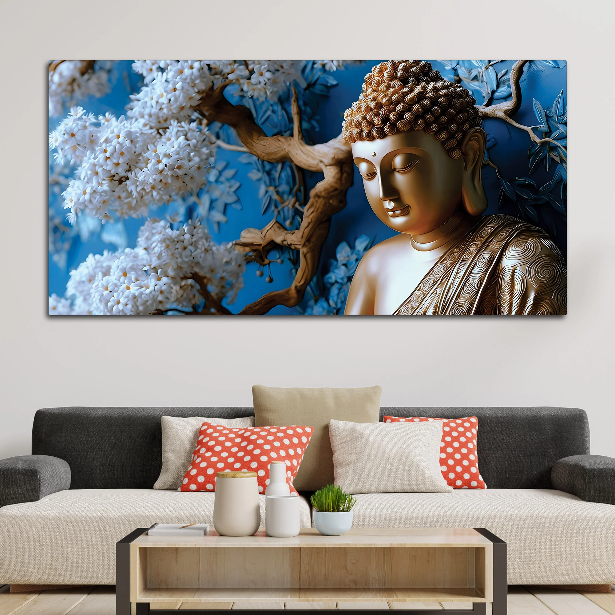 Blue Blossom Buddha Sculpture Style Wall Painting for Home - Image 3