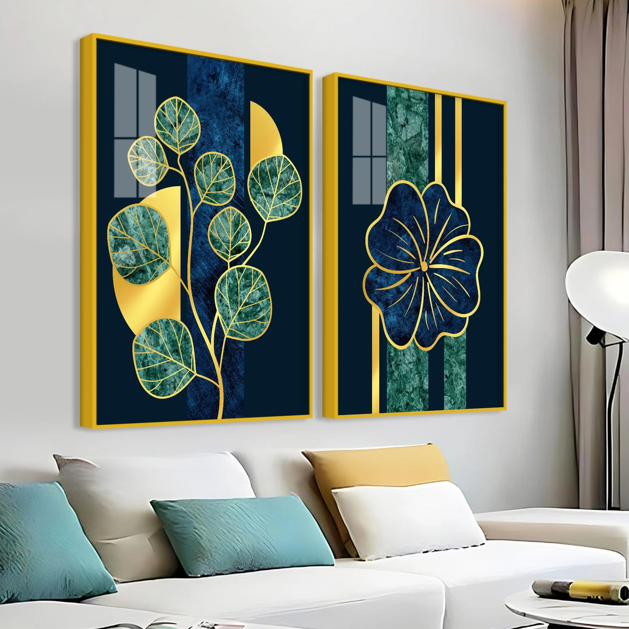 Blue Flower and Green Plant Acrylic Floating Wall Painting Set of 2 - Image 3