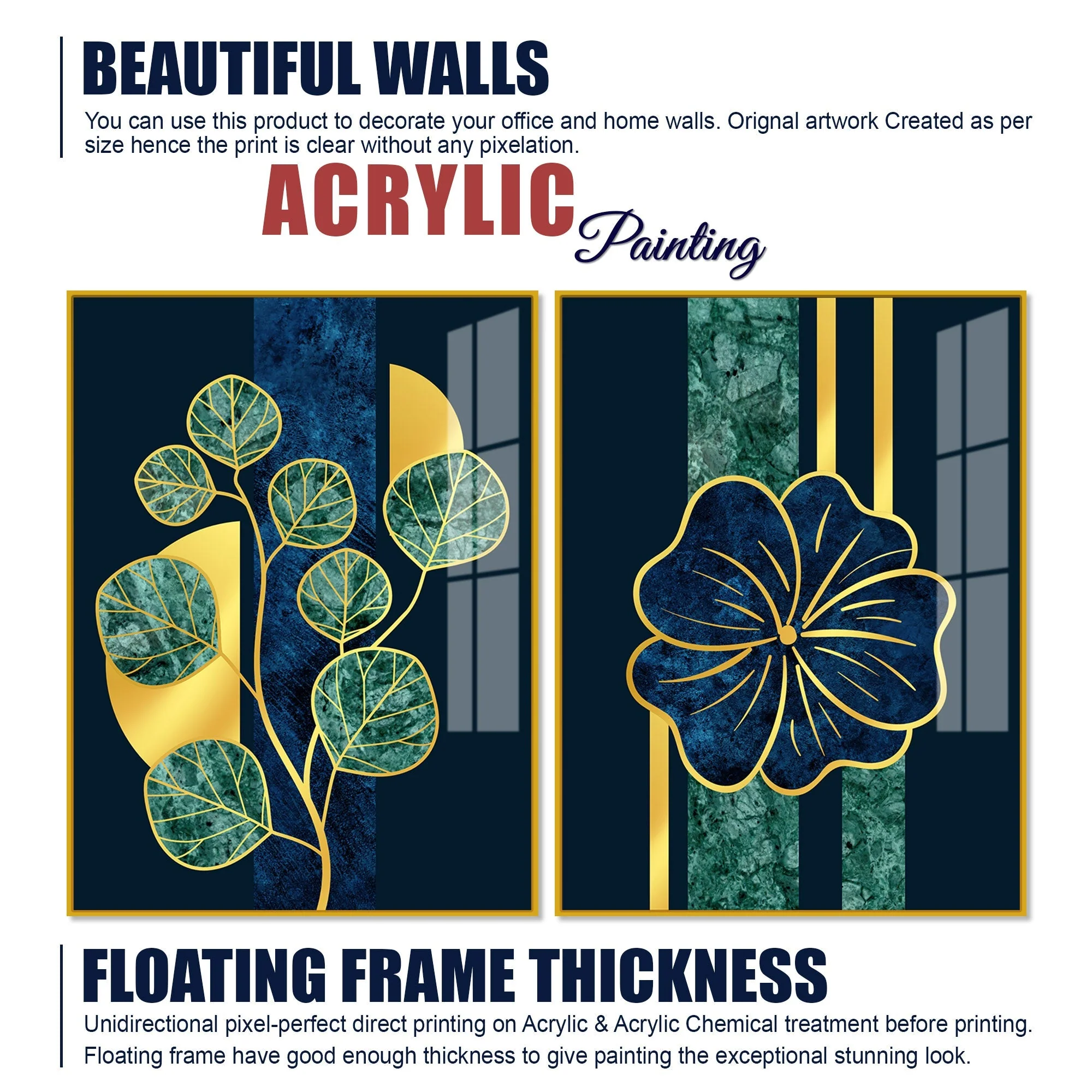 Blue Flower and Green Plant Acrylic Floating Wall Painting Set of 2 - Image 6