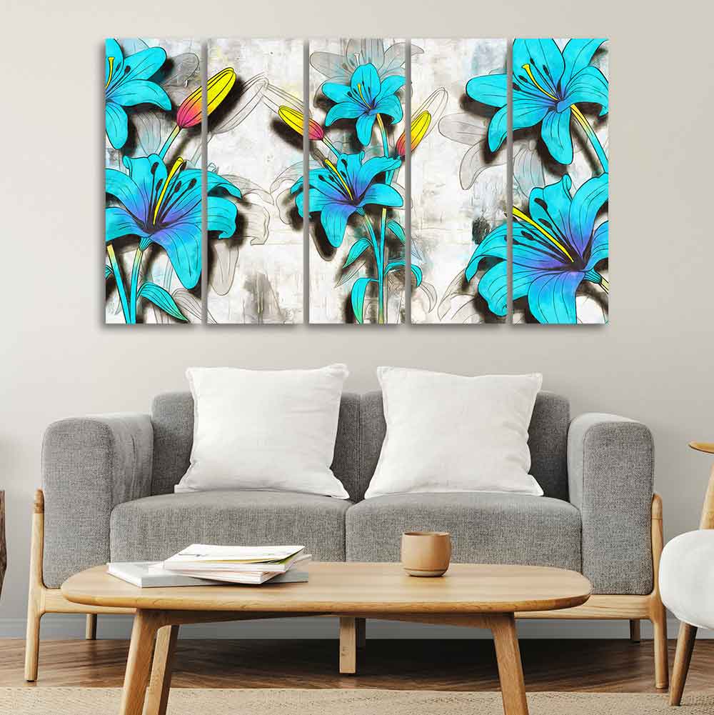 Blue Lily Flowers Canvas Wall Painting of Five Pieces - Image 2