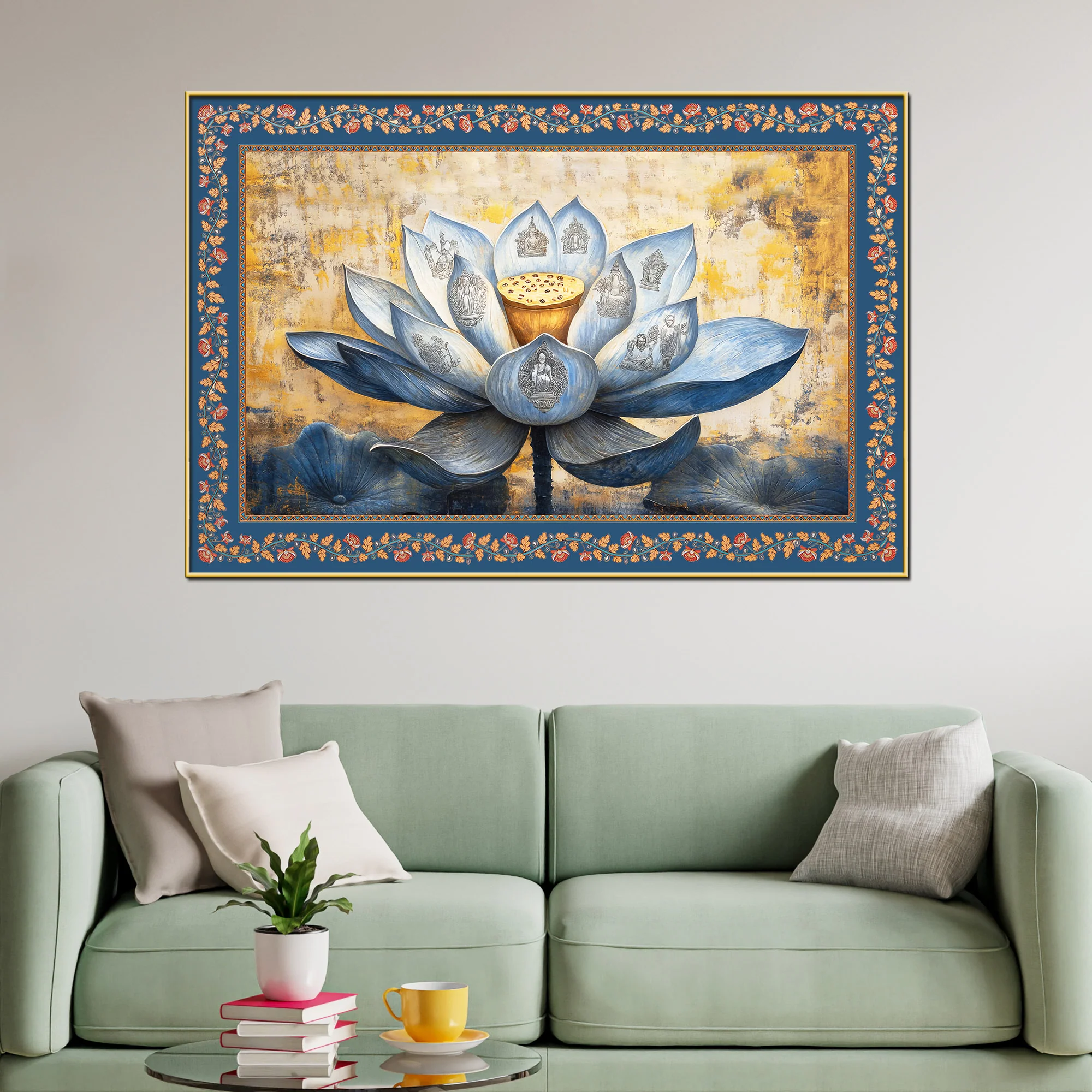 Blue Lotus Flower with Carved Figures Border Canvas Wall Painting - Image 2