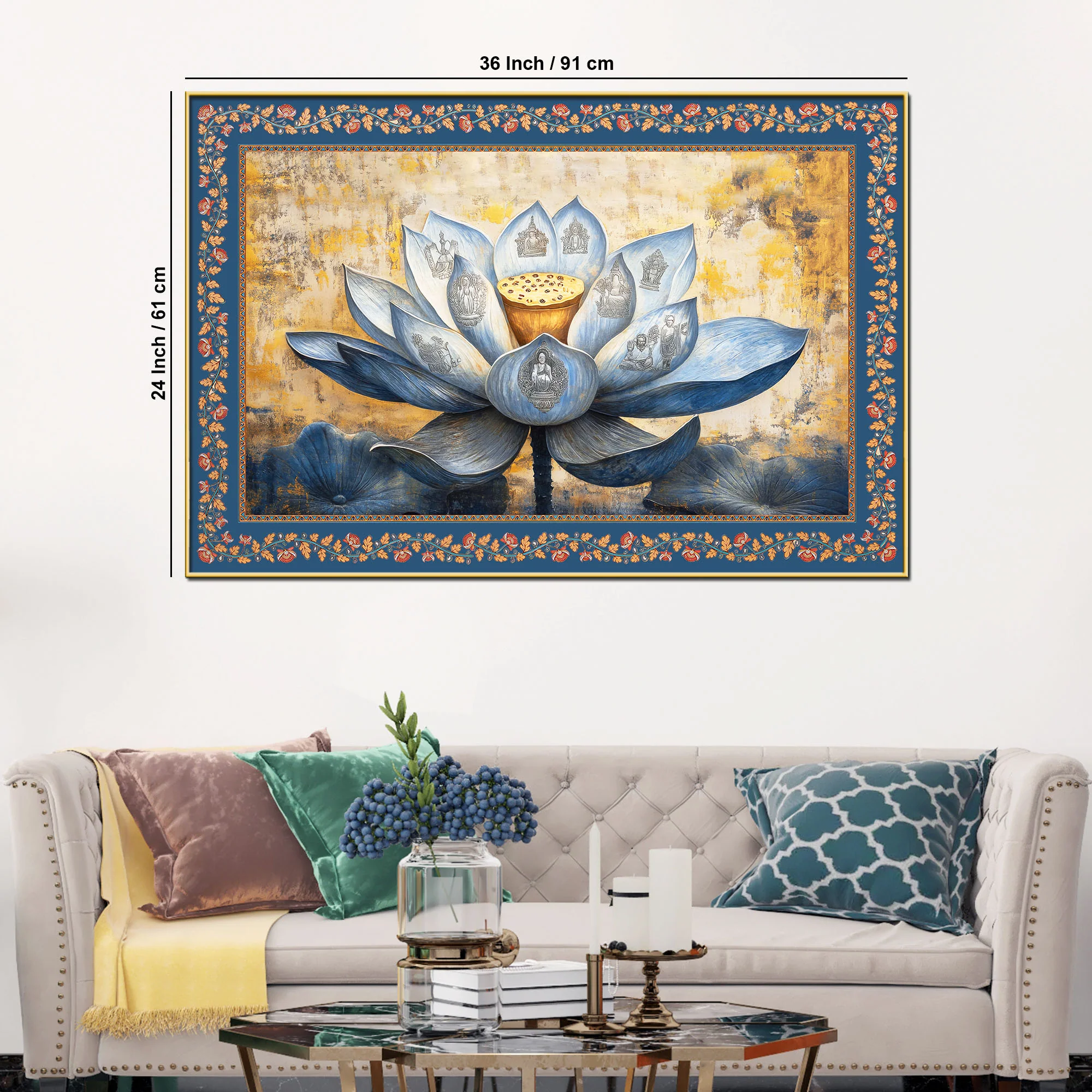 Blue Lotus Flower with Carved Figures Border Canvas Wall Painting - Image 6