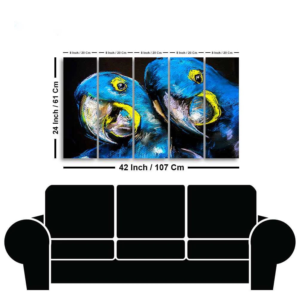 Blue Parrots Pastel Art Five Pieces Wall Painting - Image 6
