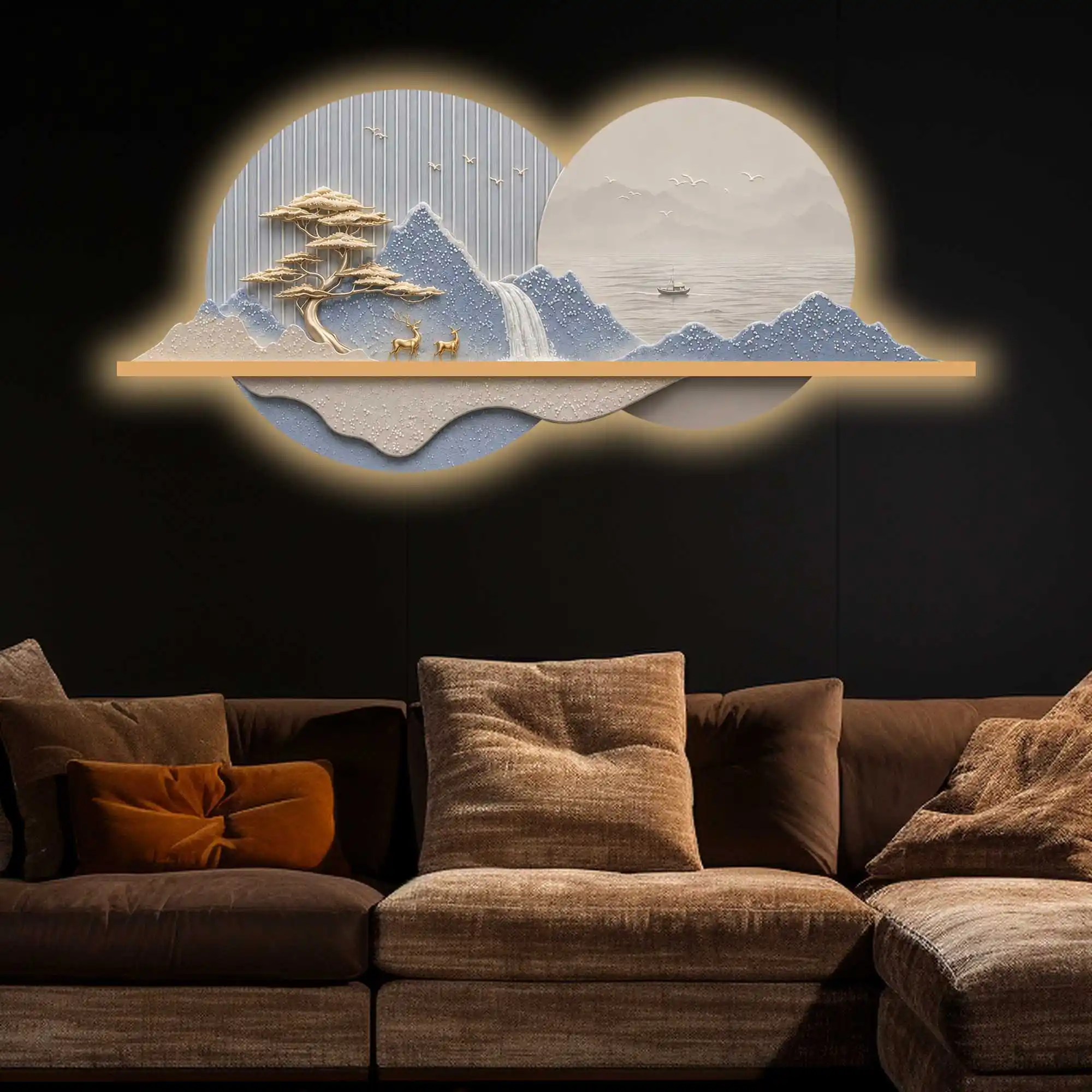 Blue Peaks & Waterfall Premium Crystal Glass Backlit LED Wall Art - Image 3