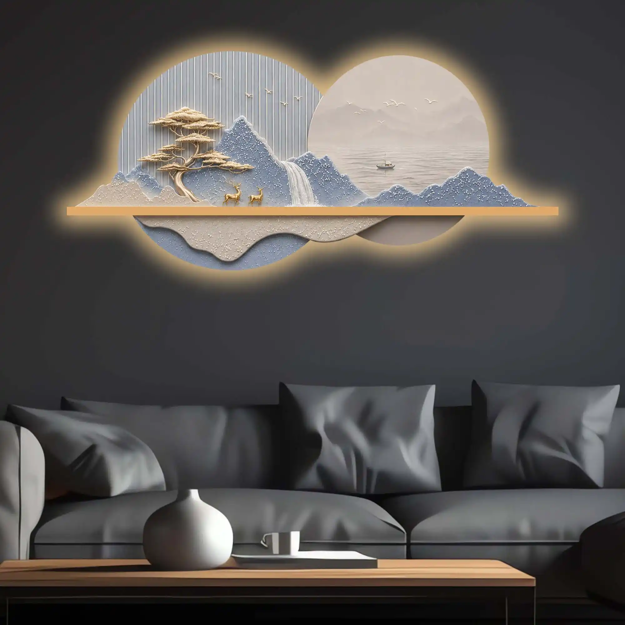 Blue Peaks & Waterfall Premium Crystal Glass Backlit LED Wall Art - Image 4