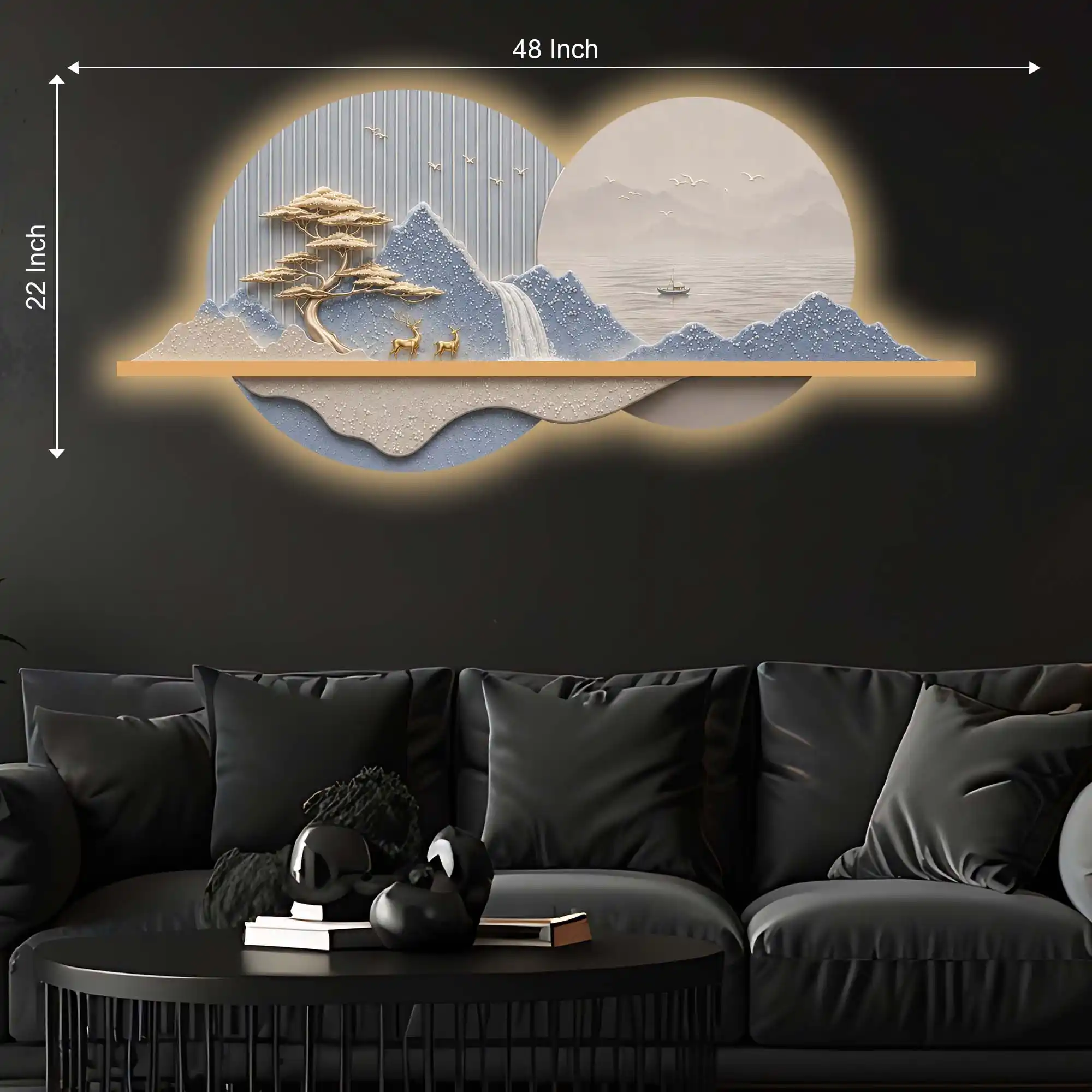 Blue Peaks & Waterfall Premium Crystal Glass Backlit LED Wall Art - Image 5