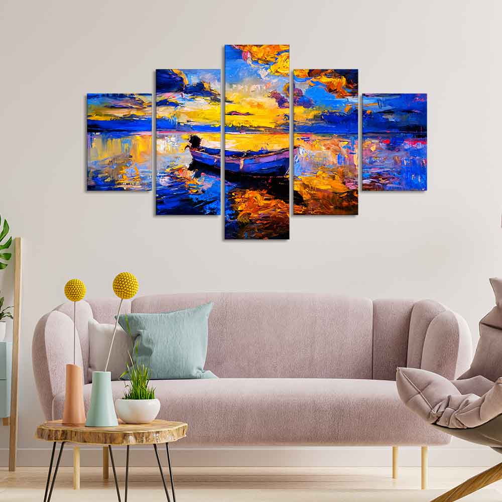 Boat at Colorful Sunset Canvas Wall Painting Five Pieces - Image 2