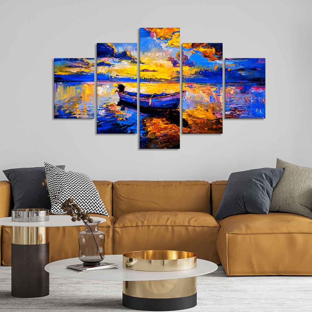 Boat at Colorful Sunset Canvas Wall Painting Five Pieces - Image 3