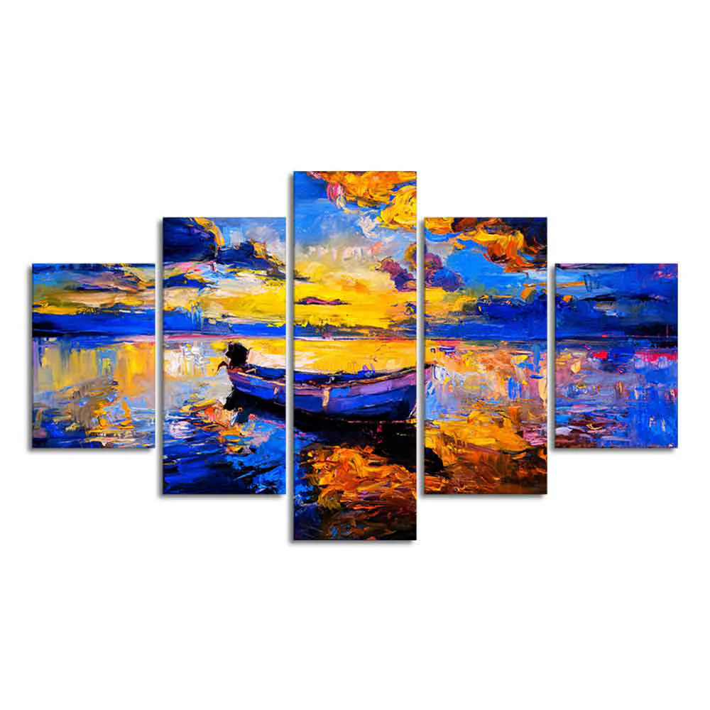 Boat at Colorful Sunset Canvas Wall Painting Five Pieces - Image 4