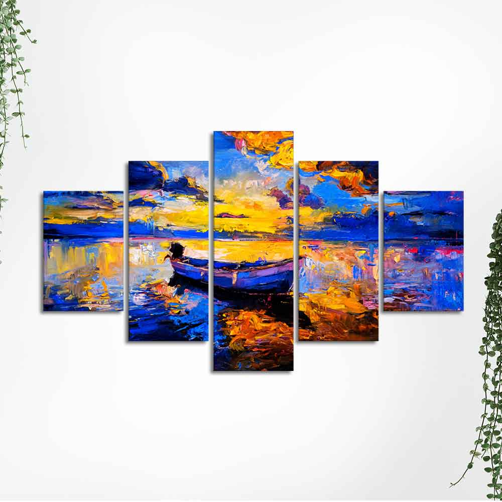 Boat at Colorful Sunset Canvas Wall Painting Five Pieces - Image 5