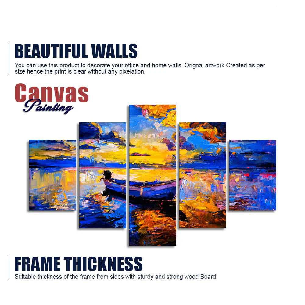Boat at Colorful Sunset Canvas Wall Painting Five Pieces - Image 6