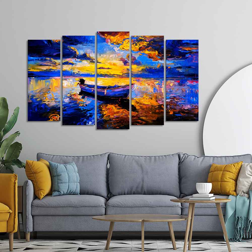 Boat at Colorful Sunset Canvas Wall Painting of Five Pieces - Image 2