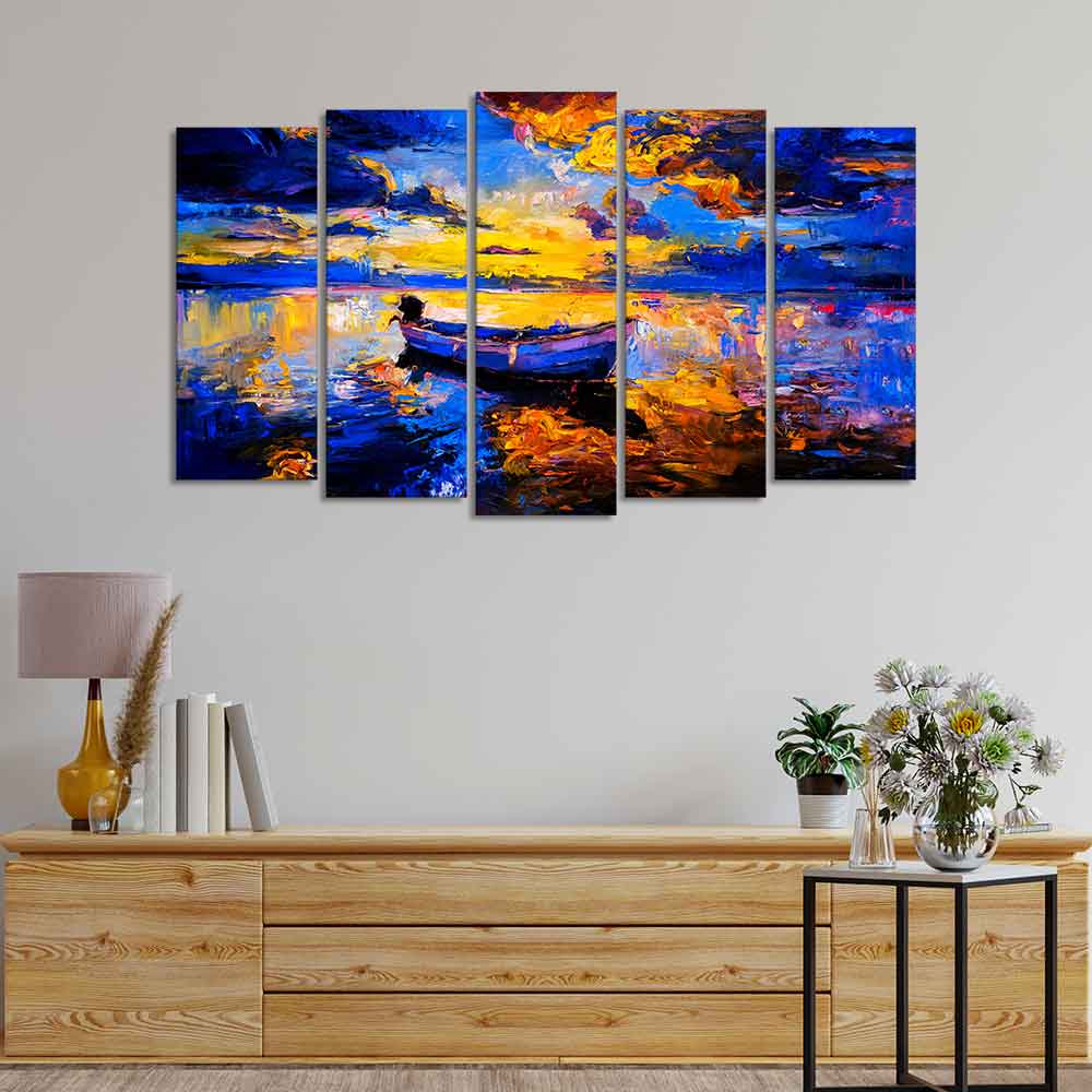 Boat at Colorful Sunset Canvas Wall Painting of Five Pieces - Image 3