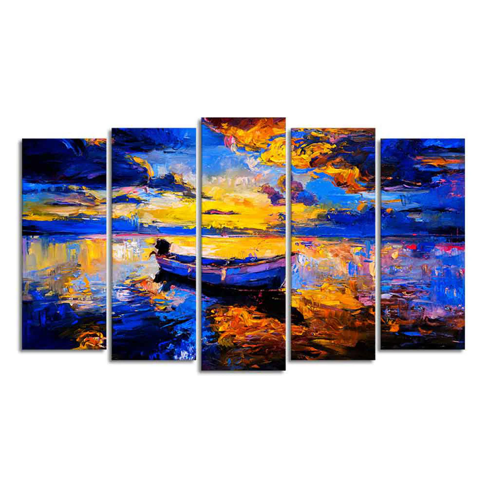 Boat at Colorful Sunset Canvas Wall Painting of Five Pieces - Image 4