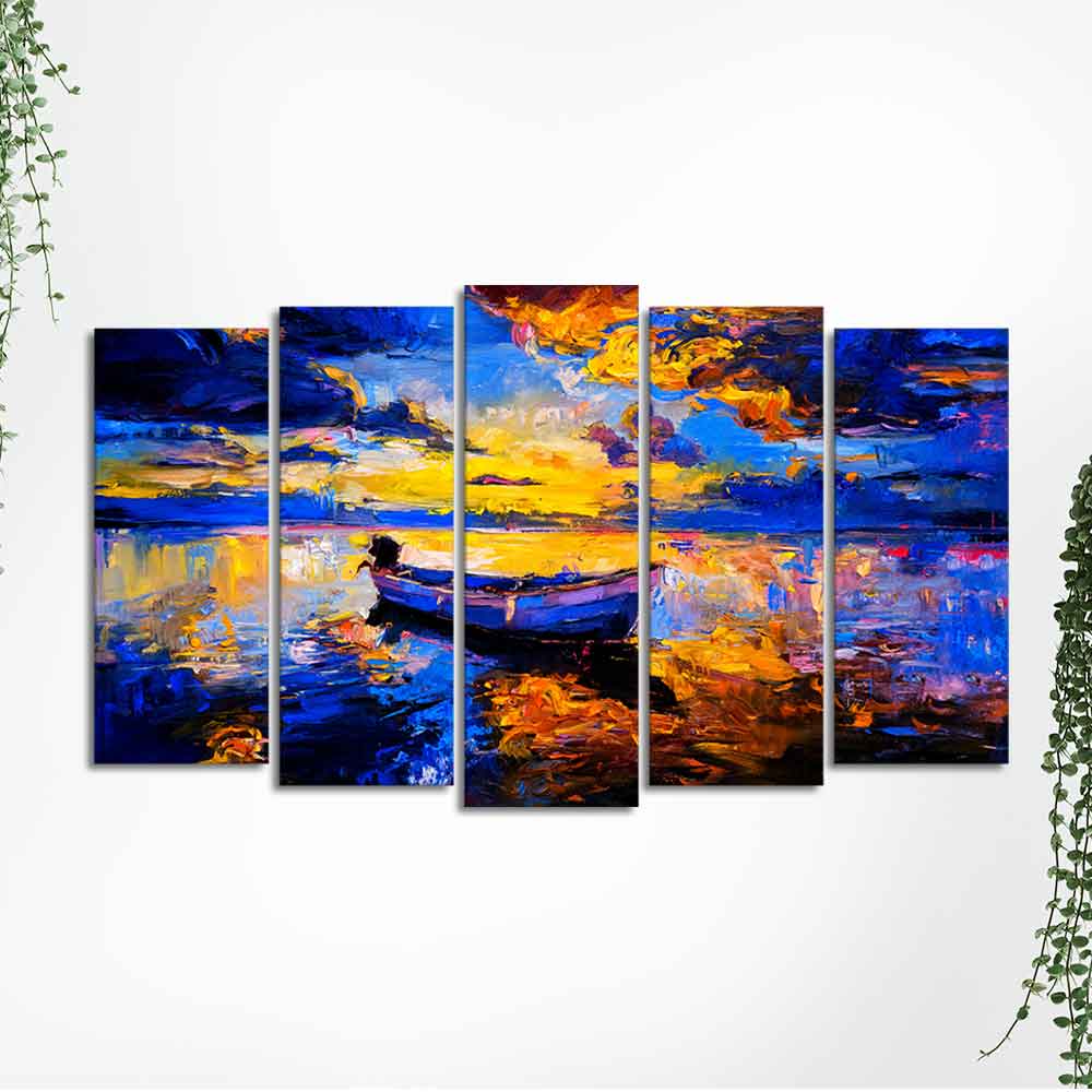 Boat at Colorful Sunset Canvas Wall Painting of Five Pieces - Image 5