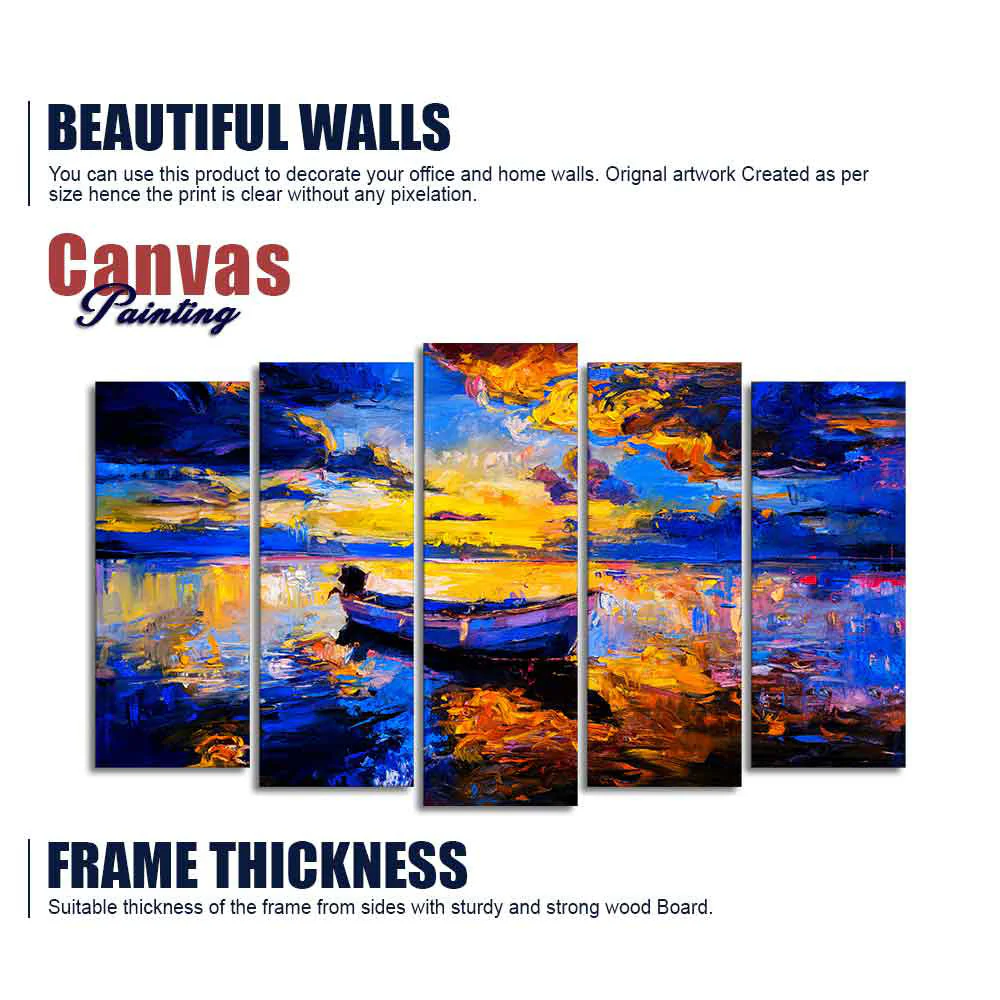 Boat at Colorful Sunset Canvas Wall Painting of Five Pieces - Image 6