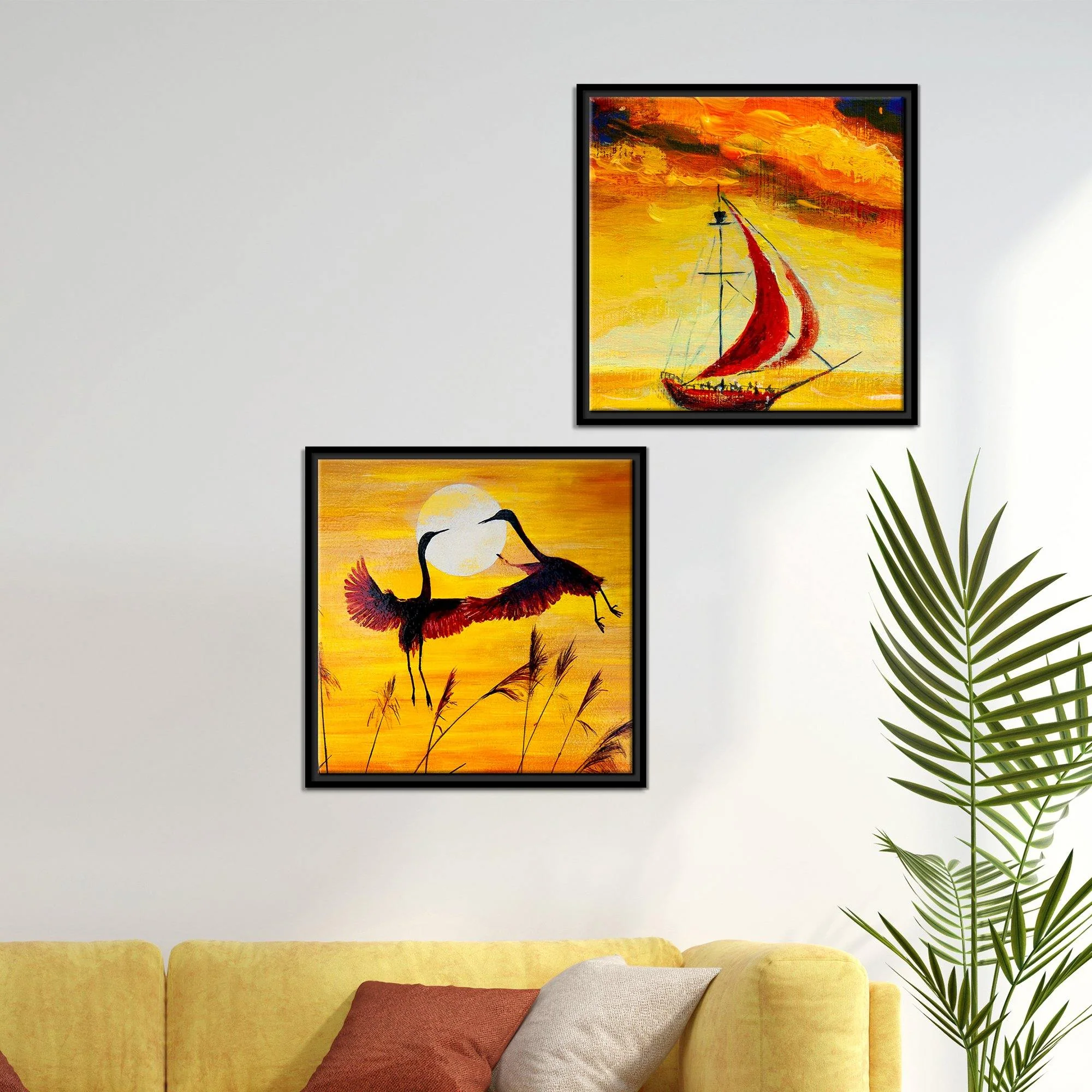 Boat & Cranes Sunset Wall Painting 2 Pieces Floating Frame - Image 3