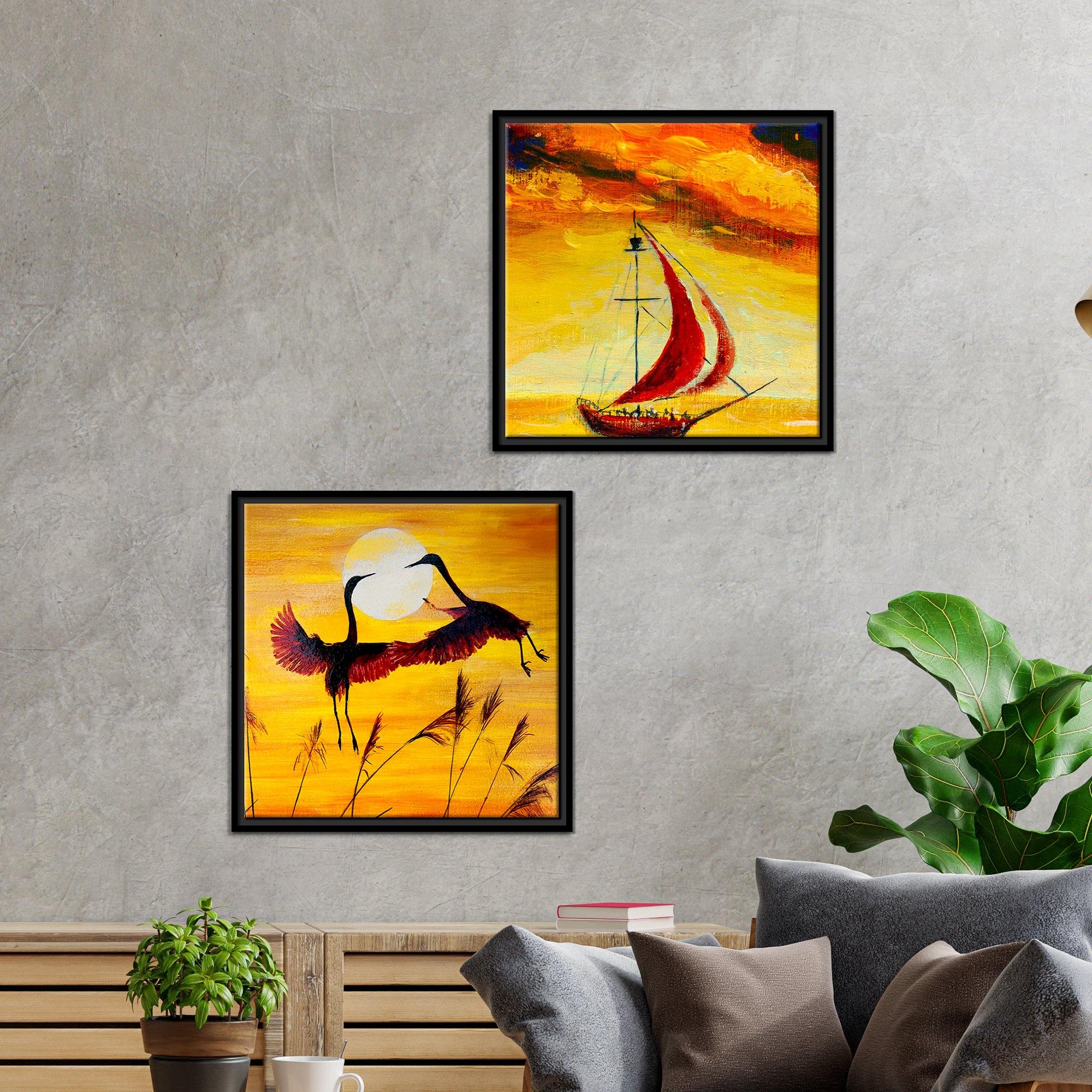 Boat & Cranes Sunset Wall Painting 2 Pieces Floating Frame - Image 4