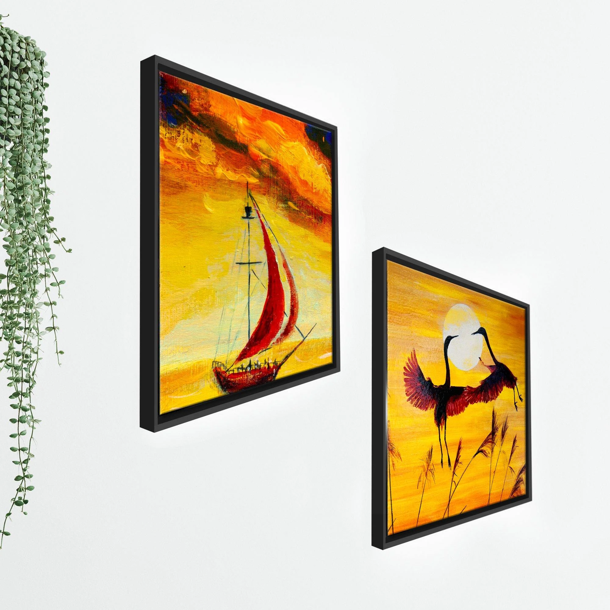 Boat & Cranes Sunset Wall Painting 2 Pieces Floating Frame - Image 7