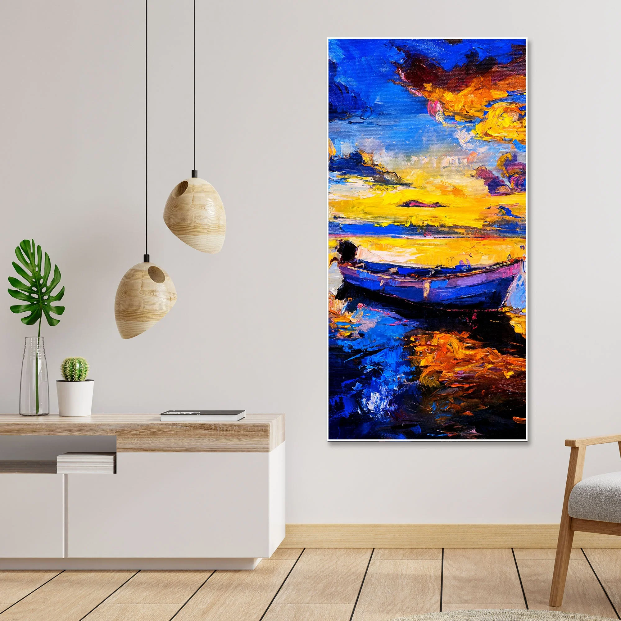 Boat & Sunset Floating Canvas Wall Painting - Image 3