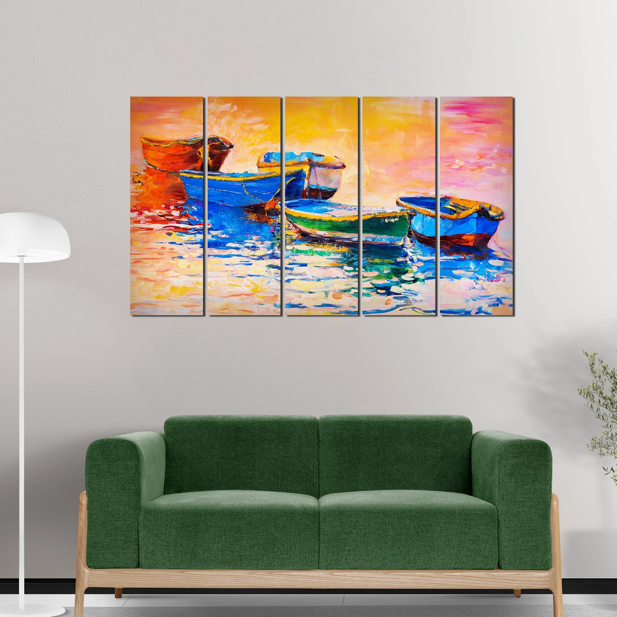 Boats and Sunset Canvas Wall Painting 5 Pieces - Image 2